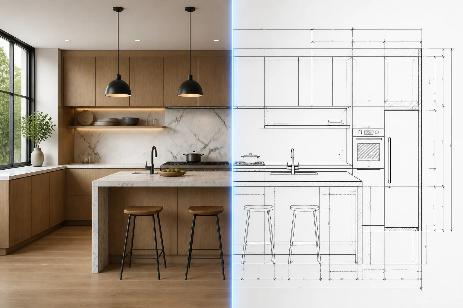 Photo of a kitchen transforming into a scaled CAD technical drawing with dimensions