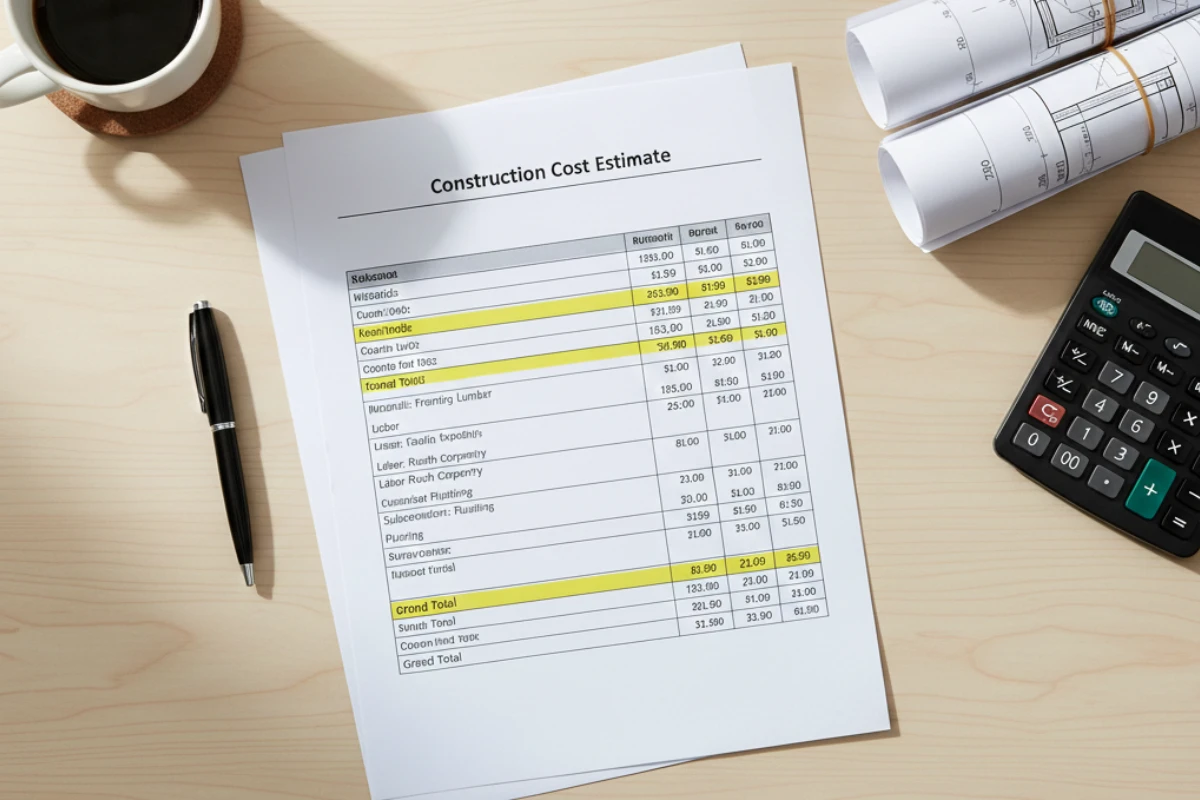 Completed construction cost estimate document on a desk