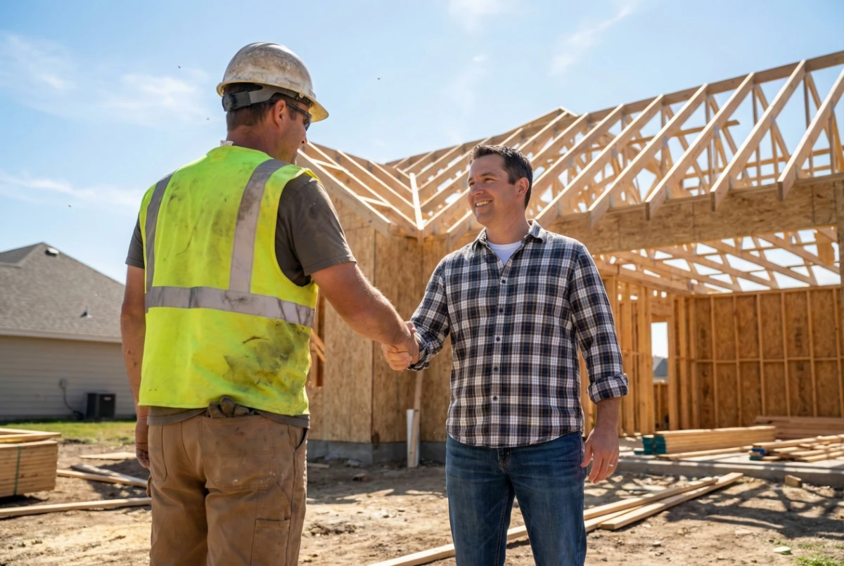 Contractor shaking hands with a client after winning a construction bid