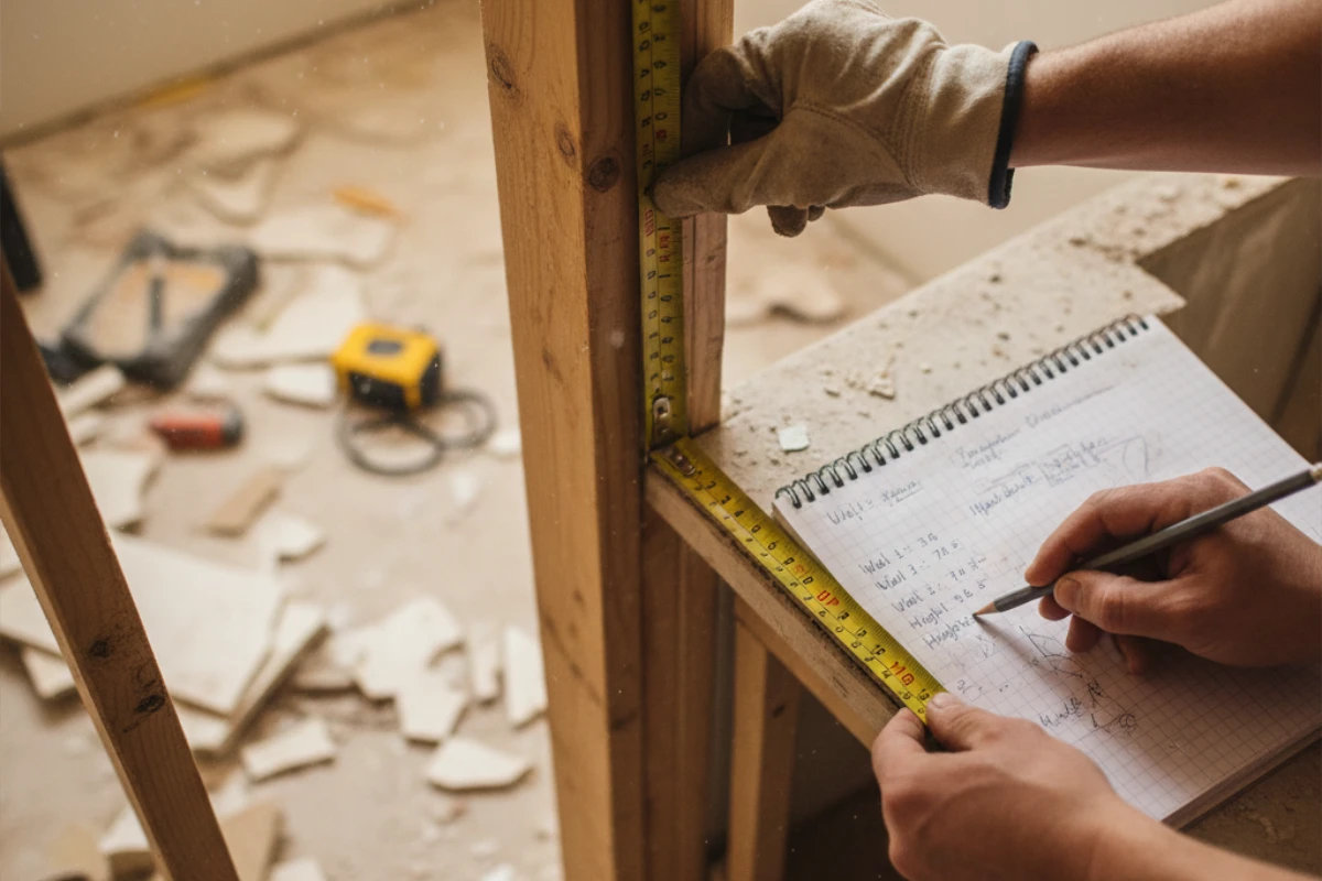 Contractor measuring a bathroom with a tape measure during a site visit