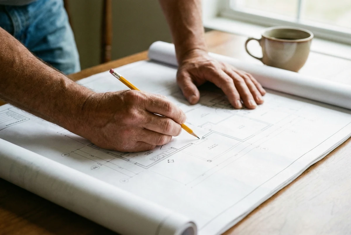Contractor reviewing construction blueprints at a table with a coffee cup