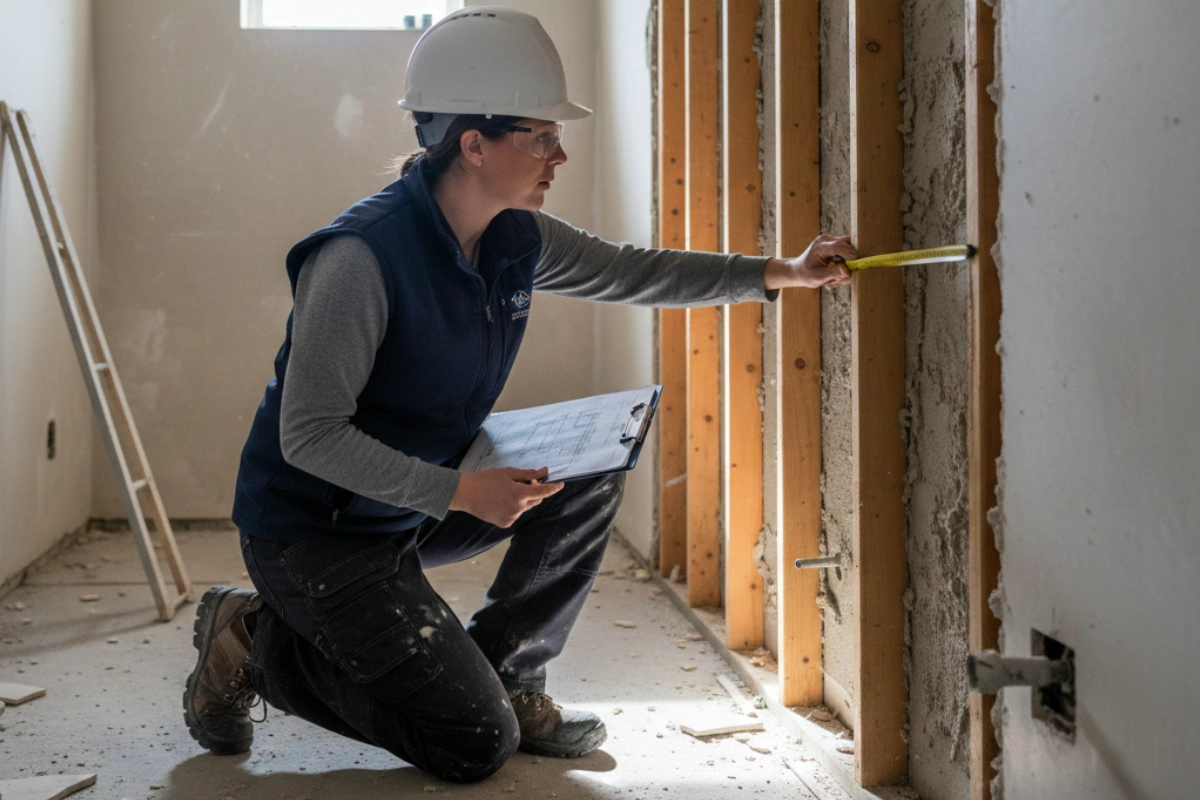 Contractor measuring a room and taking notes for a construction cost estimate