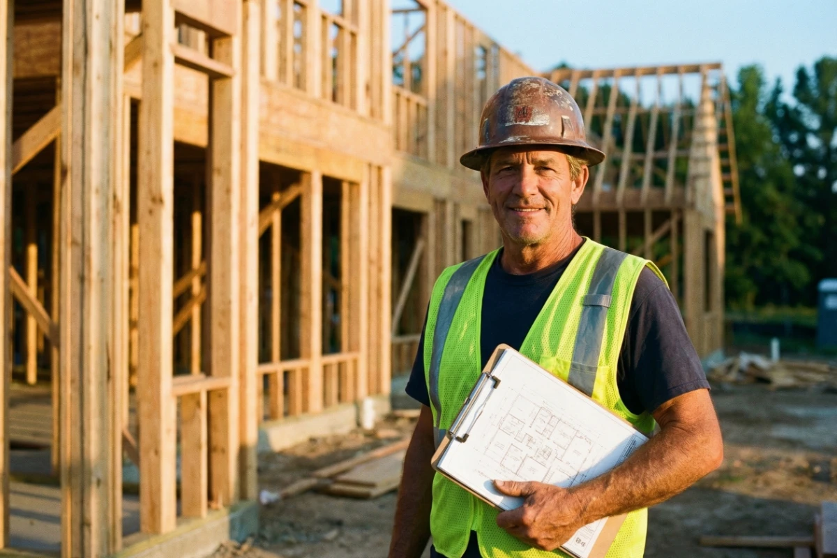 Contractor writing a construction quote on a clipboard at a job site