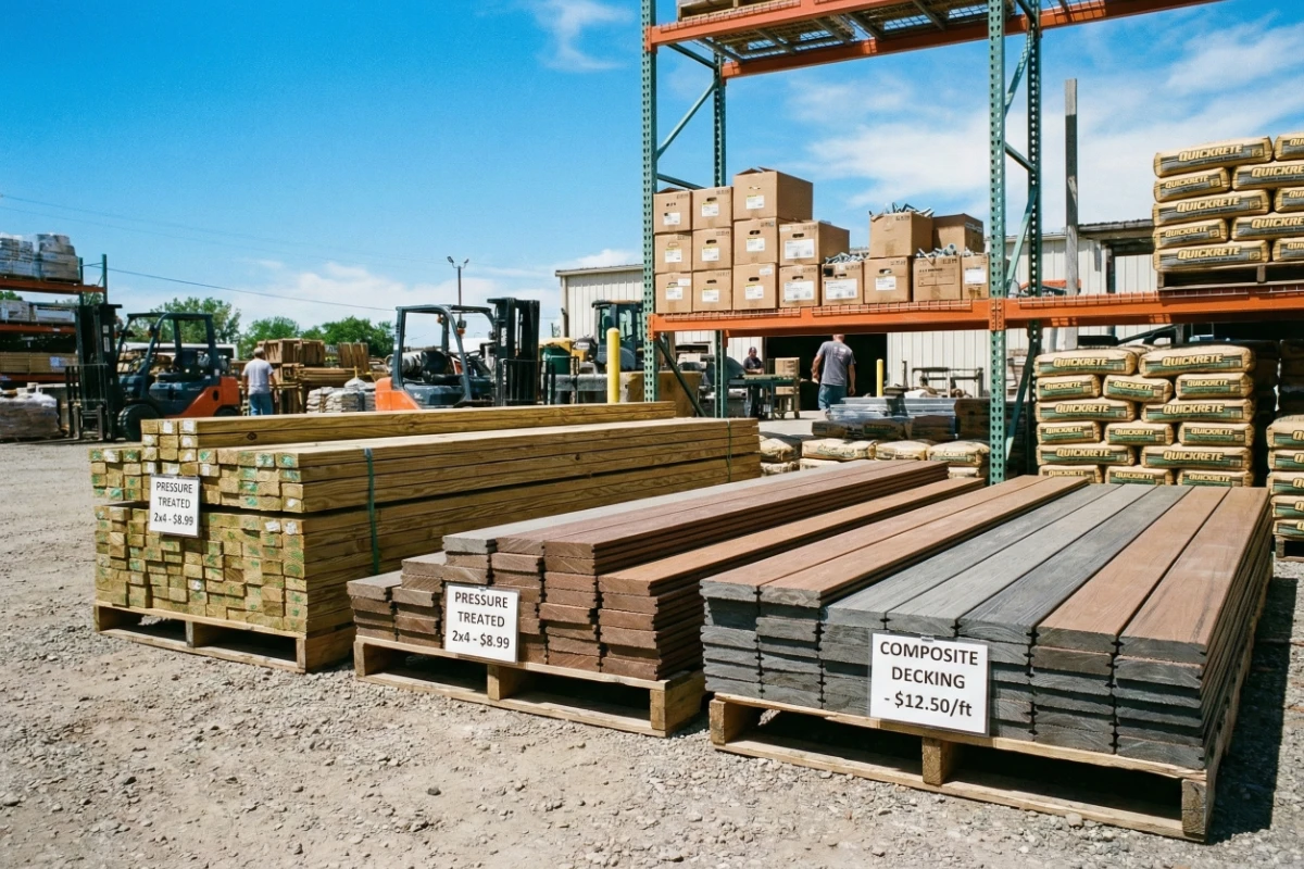 Construction materials organized at a job site with price tags